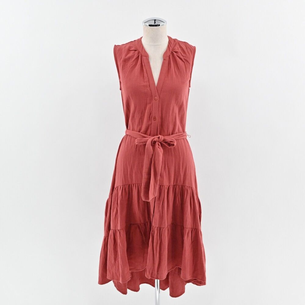 DREW Dress Sz XS Burnt Orange Cotton Tier Ruffle Amber Belt Button ANTHROPOLOGIE